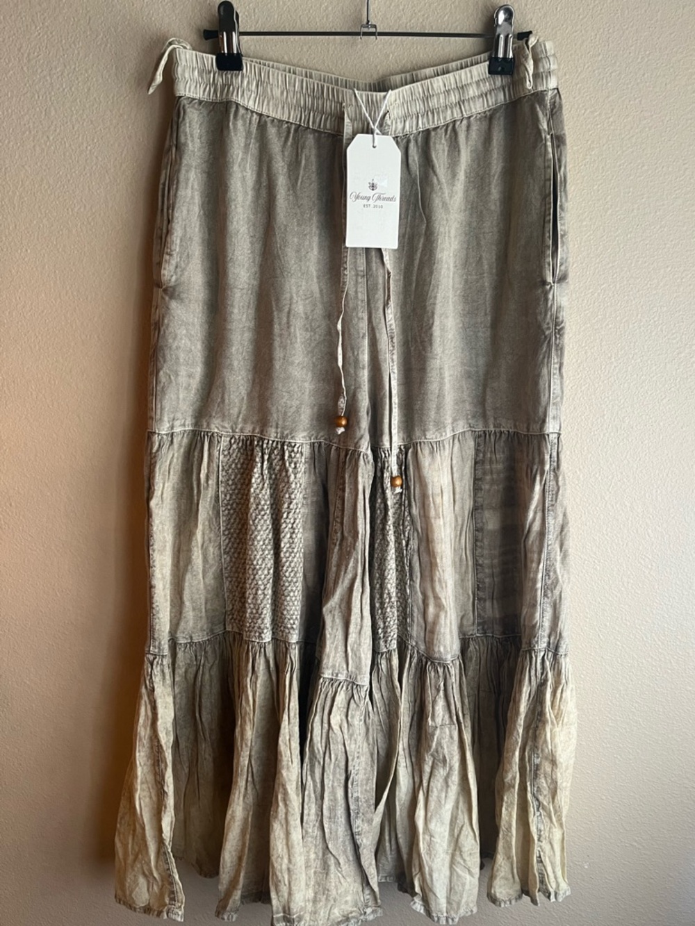 Boho Tiered wide leg pants  with Drawstring Waist in Taupe